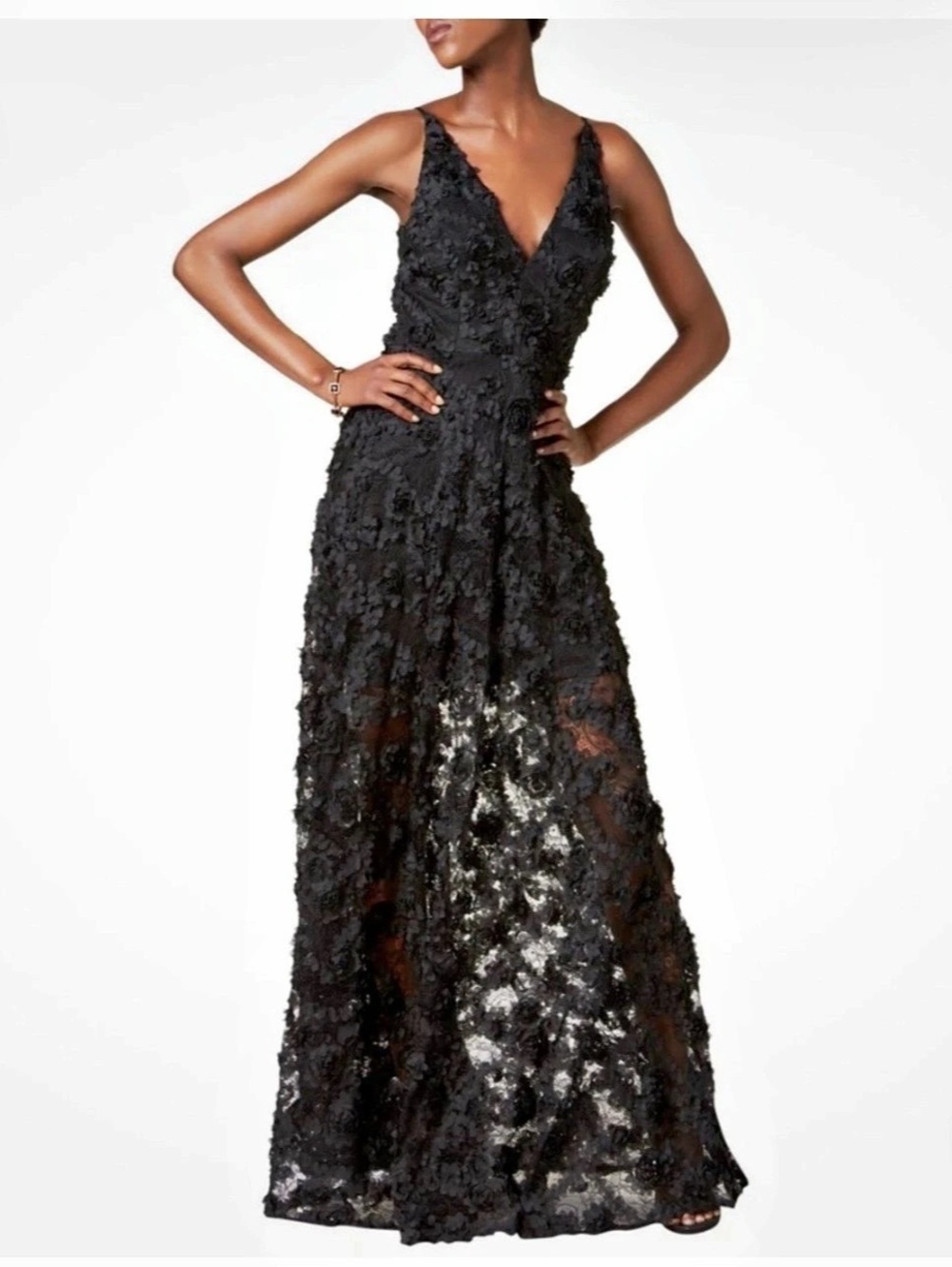 XSCAPE Womens Floral Appliqué Lace Gown Dress